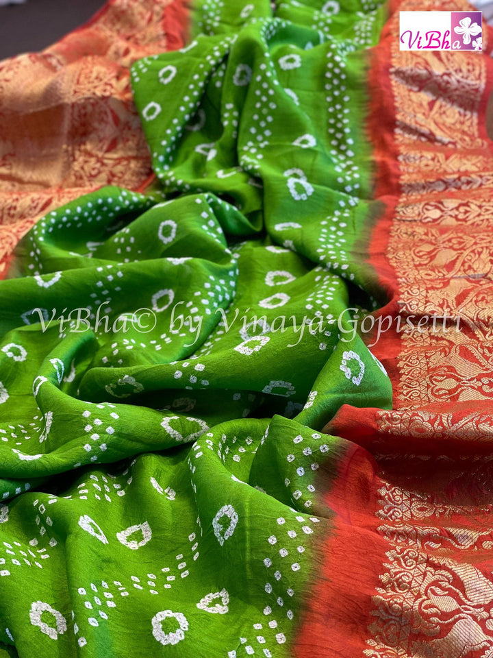 Bandhni Saree - Parrot Green & Orange Kanchi Bandhini Saree