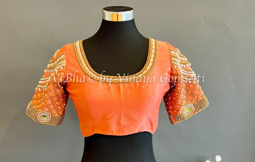 Blouses - Apricot Color Pearl Embroidered Blouse