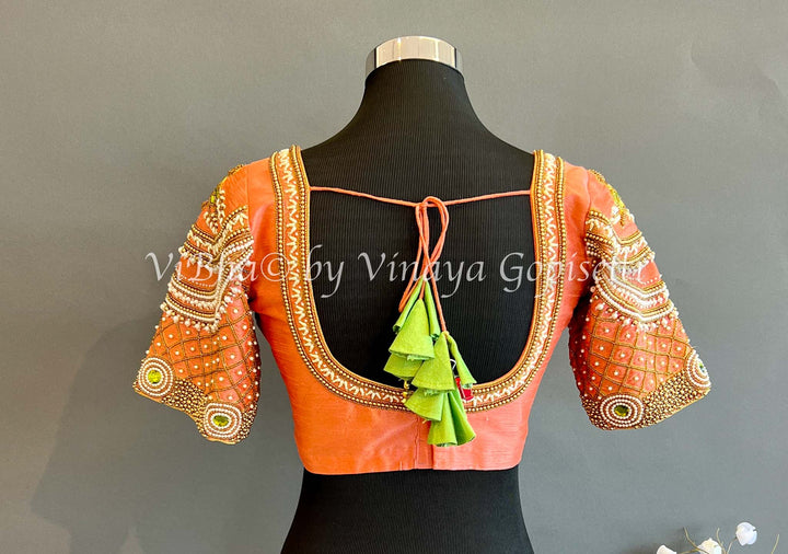 Blouses - Apricot Color Pearl Embroidered Blouse