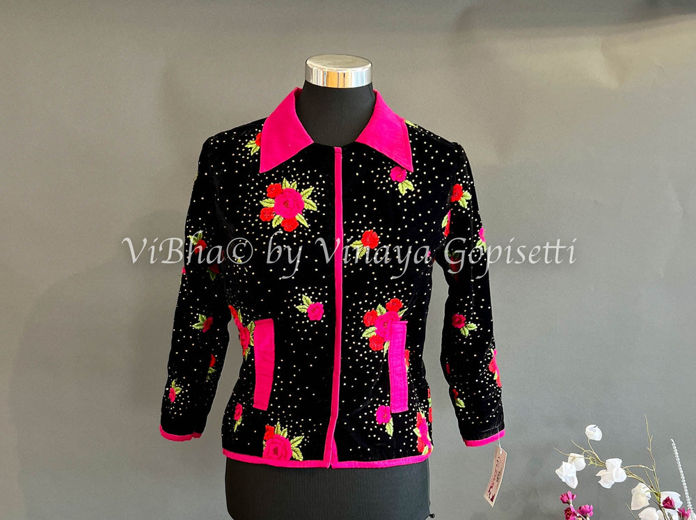 Blouses - Black And Pink Velvet Embroidered Blouse