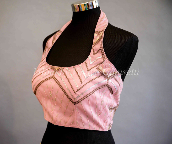 Blouses - Blossom Pink Halter Neck Embroidered Blouse