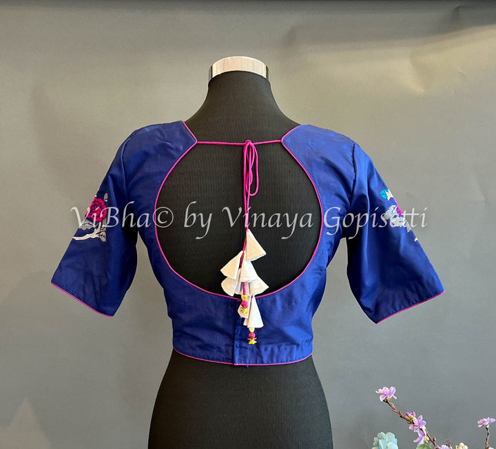 Blouses - Blue Blouse With Floral Motifs On Sleeves