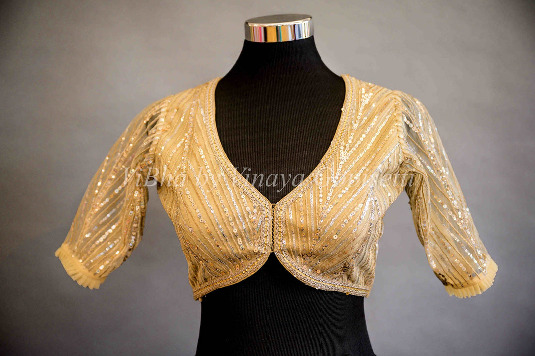 Blouses - Champagne Gold Embroidered Blouse With Plunging V Neckline