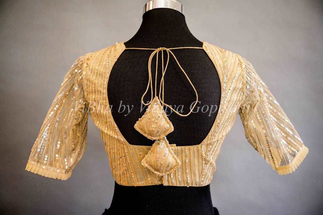 Blouses - Champagne Gold Embroidered Blouse With Plunging V Neckline