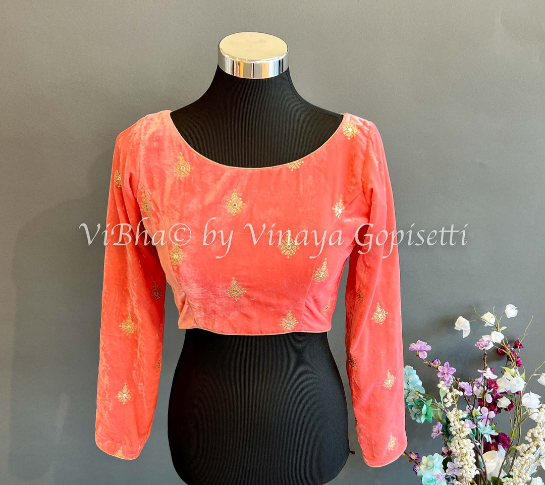 Blouses - Coral Velvet Embroidered Blouse