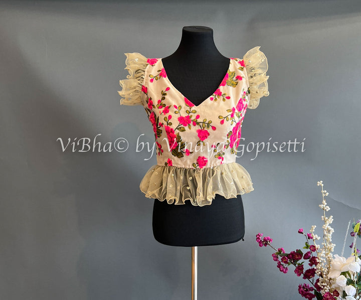 Blouses - Floral Corset Blouse With Ruffles