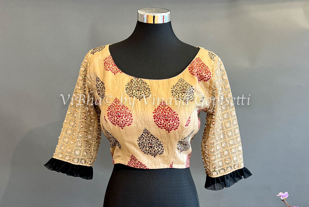 Blouses - Gold And Black Embroidered Back And Sleeves Blouse