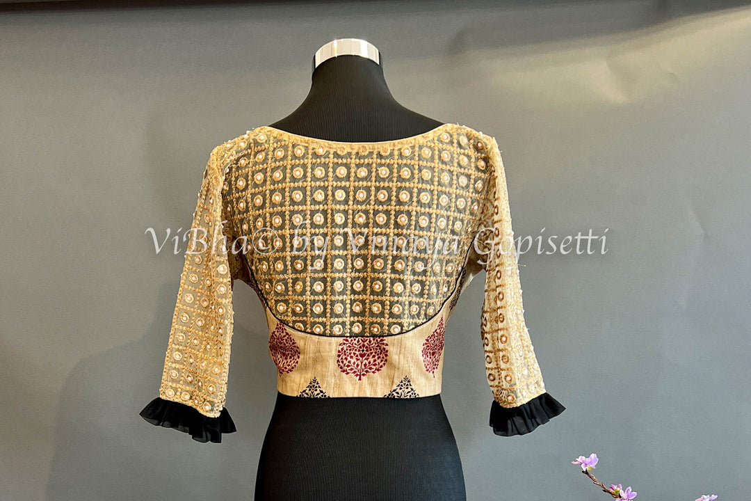 Blouses - Gold And Black Embroidered Back And Sleeves Blouse