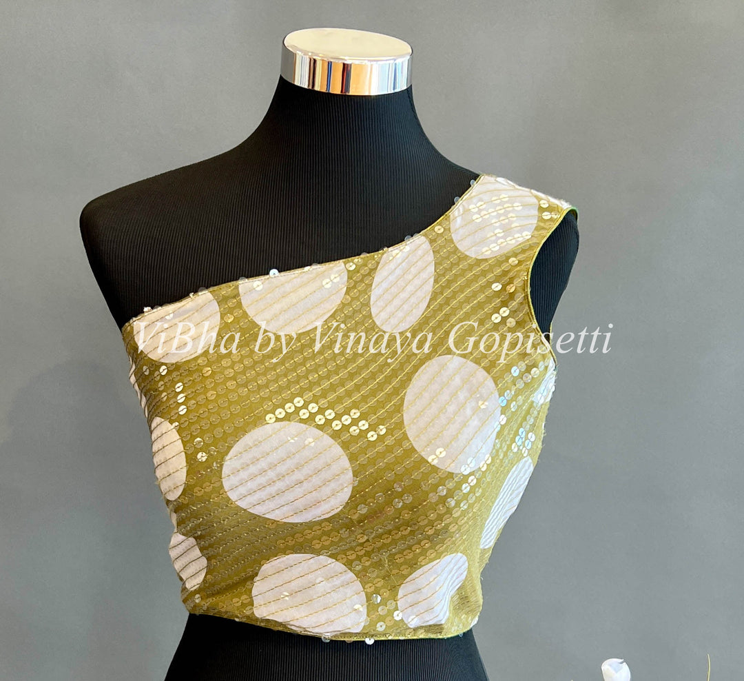 Blouses - Green And White Polka Dots Sequins One Shoulder Blouse
