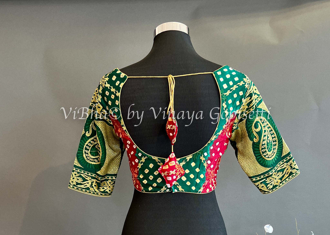 Blouses - Maroon And Green Embroidered Bandhani Silk Blouse