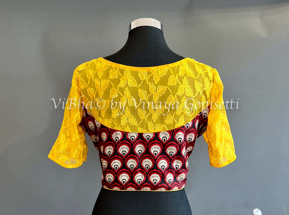 Blouses - Maroon Printed And Yellow Net Blouse