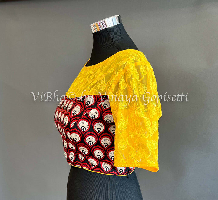 Blouses - Maroon Printed And Yellow Net Blouse