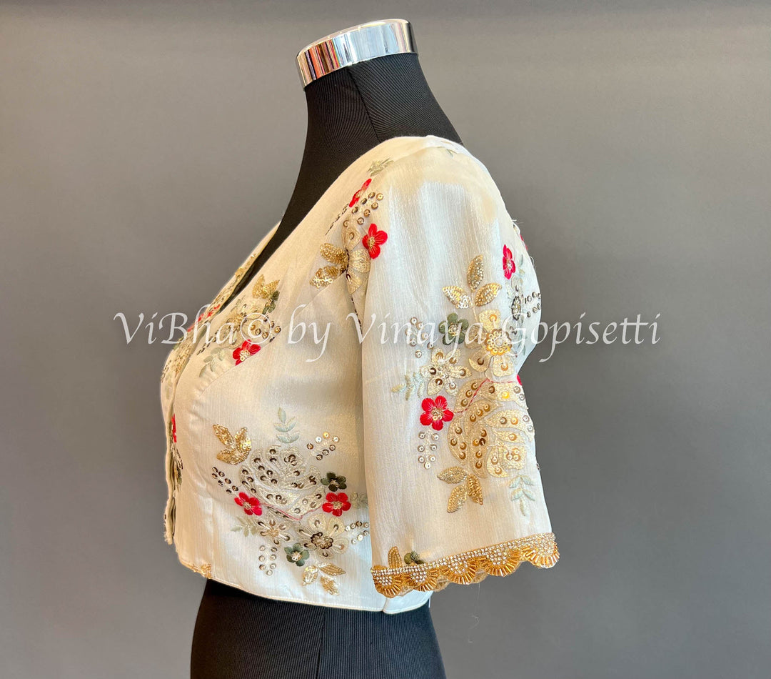 Blouses - Off White Crepe Embroidered Blouse