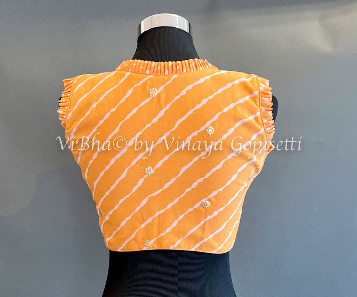 Blouses - Orange Lehariya Blouse With Frilled Neckline And Sleeves