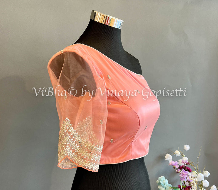 Blouses - Peach One Shoulder Sequins Embroidered Blouse
