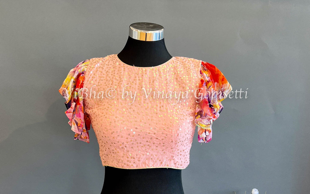 Blouses - Peach Sequin Blouse With Bell Sleeves