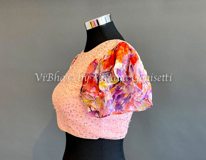 Blouses - Peach Sequin Blouse With Bell Sleeves