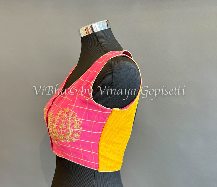 Blouses - Pink And Yellow Cross Back Sleeveless Blouse