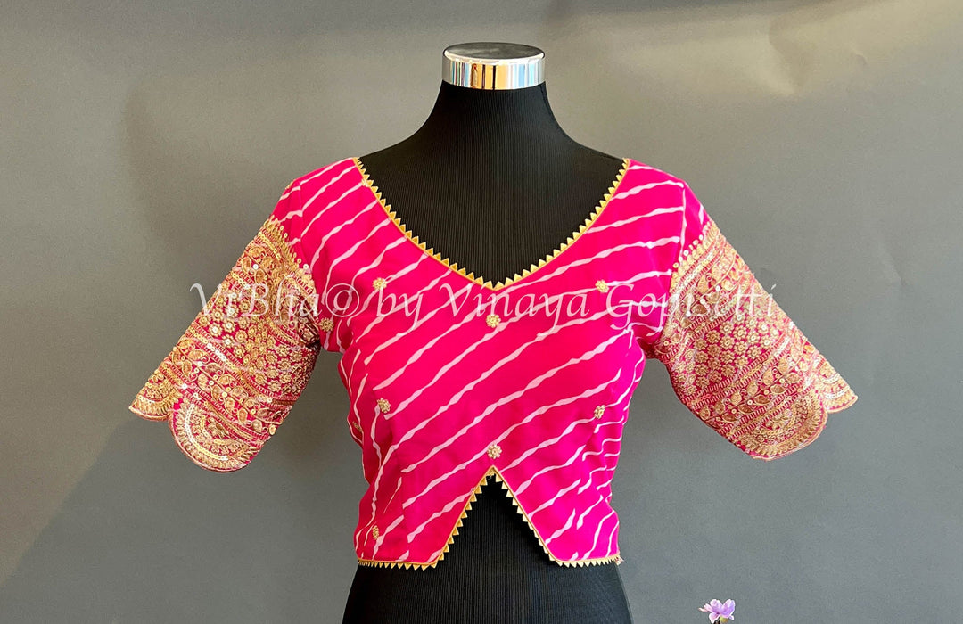 Blouses - Pink Lehariya Blouse With Embroidered Sleeves