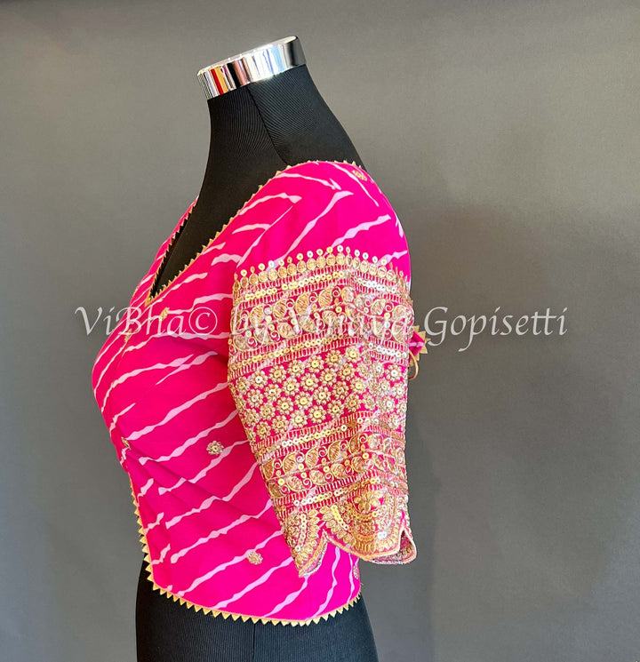 Blouses - Pink Lehariya Blouse With Embroidered Sleeves