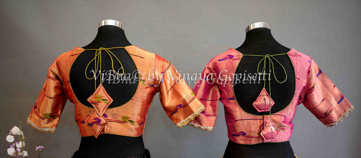 Blouses - Pink Paithani Blouse With Embroidered Sleeve