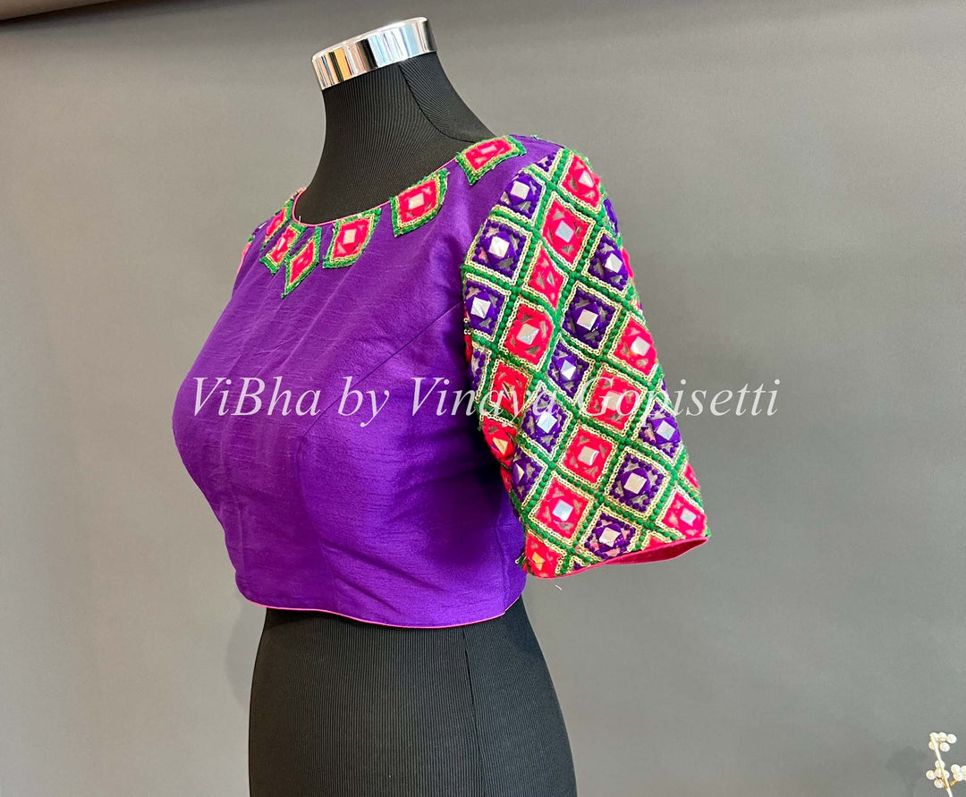 Blouses - Purple Faux Mirror Embroidered Blouse