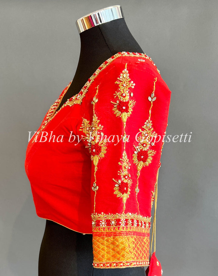 Blouses - Red Embroidered And Border Blouse