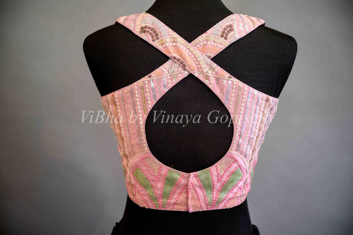 Blouses - Rose Pink Criss Cross Back Embroidered Blouse
