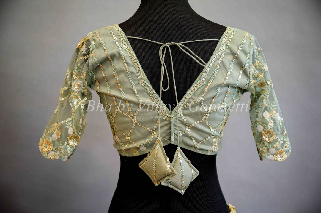 Blouses - Sage Green Embroidered Blouse With Plunging V Necklines