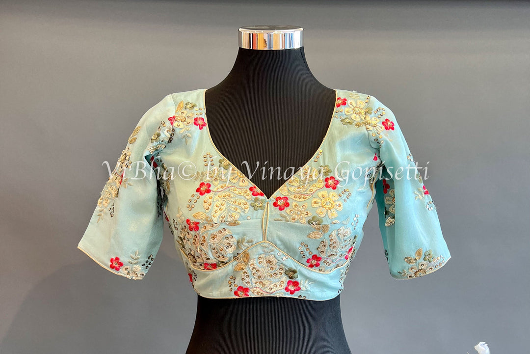 Blouses - Sky Blue Crepe Embroidered Blouse