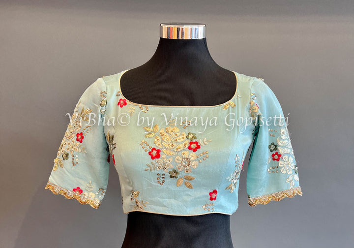 Blouses - Sky-blue Crepe Embroidered Blouse