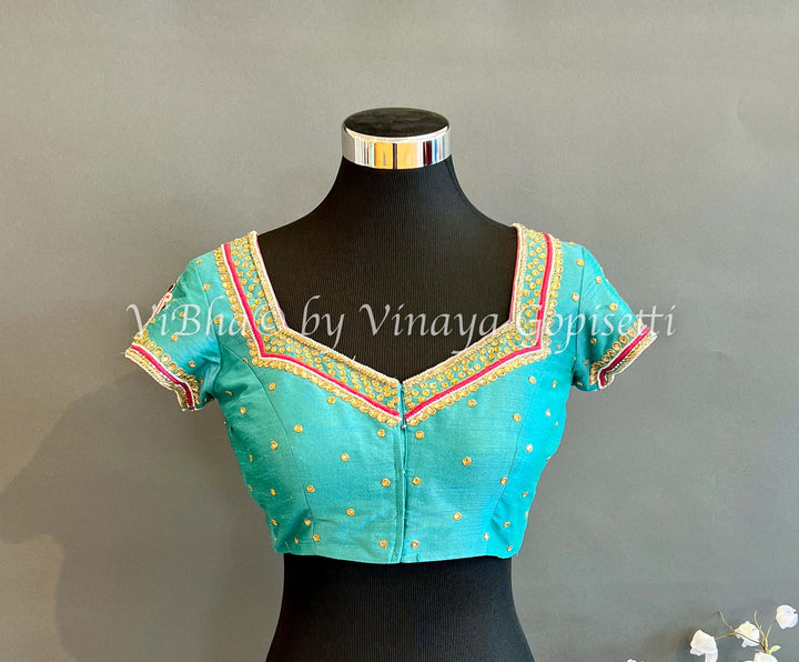 Blouses - Sky Blue With Pink Embroidered Blouse