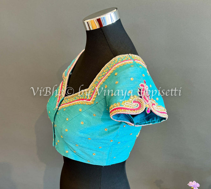 Blouses - Sky Blue With Pink Embroidered Blouse