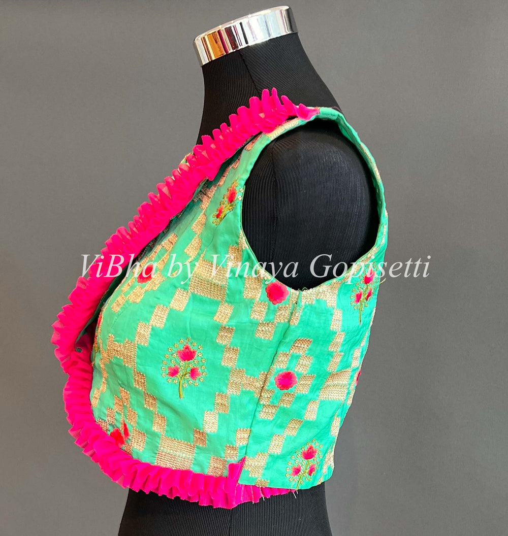 Blouses - Turquoise Green And Pink Frilled Angrakha Cut Blouse