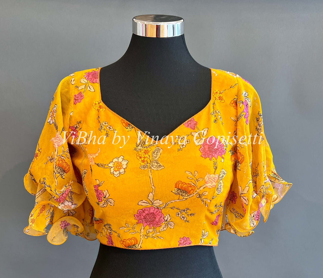 Blouses - Yellow Bell Sleeve Floral Blouse