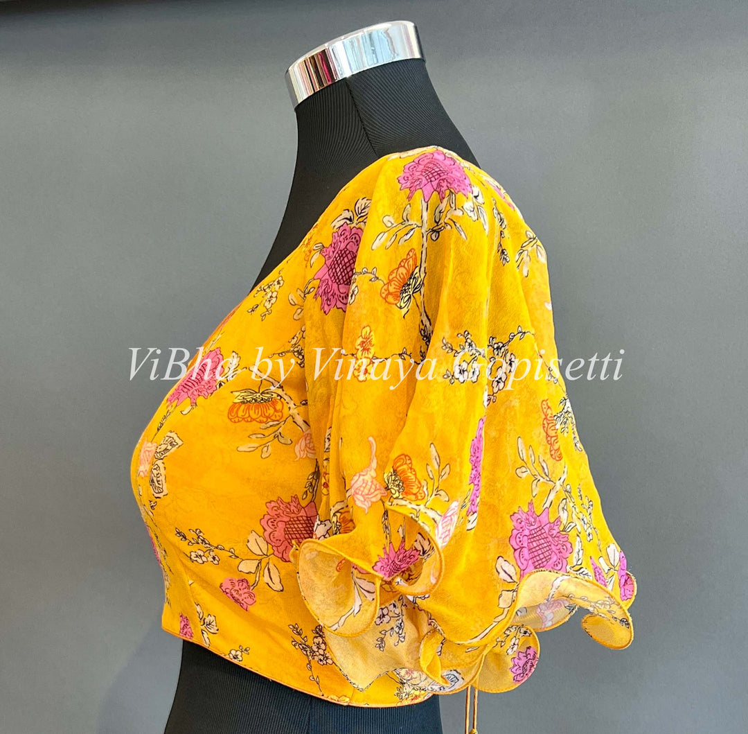 Blouses - Yellow Bell Sleeve Floral Blouse