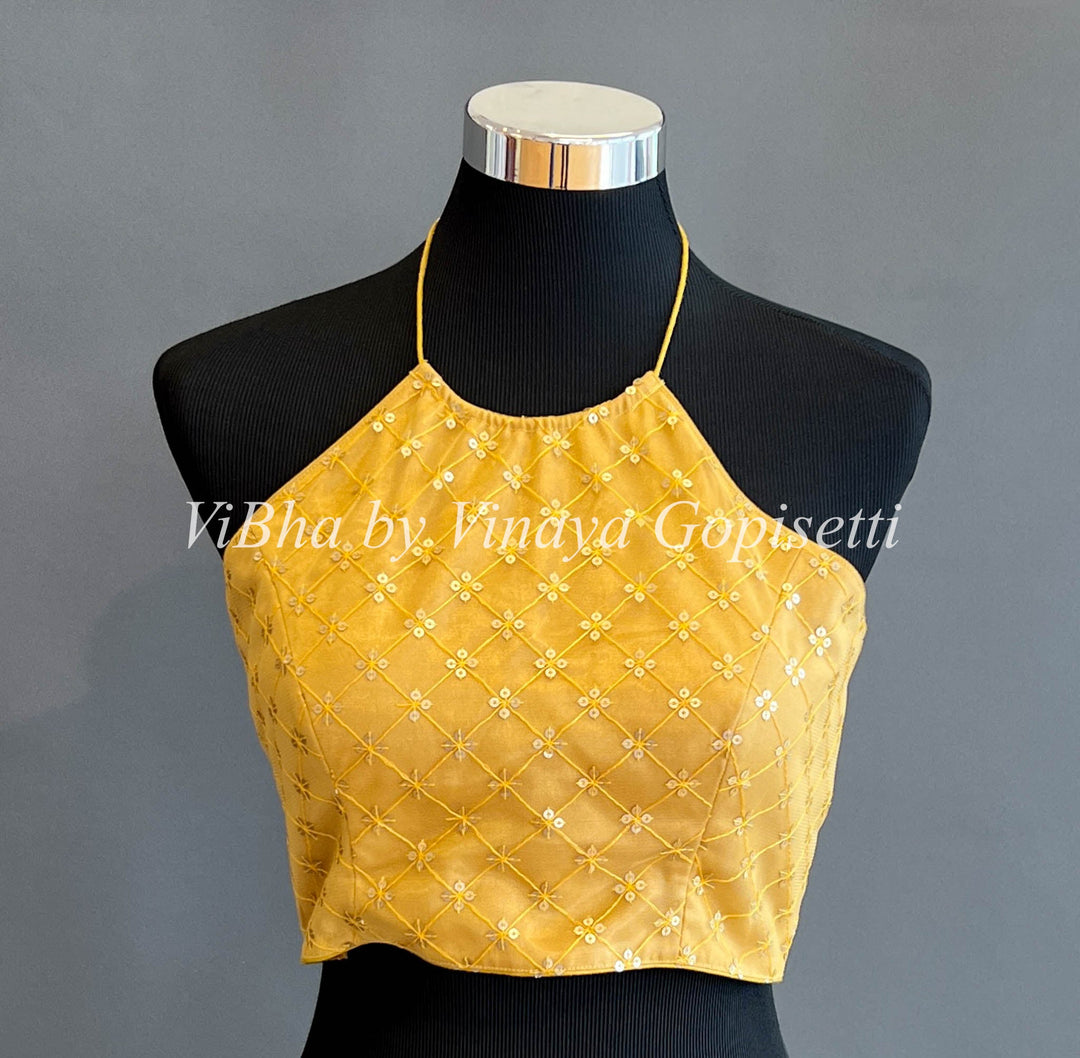 Blouses - Yellow Sequins Halter Neck Blouse