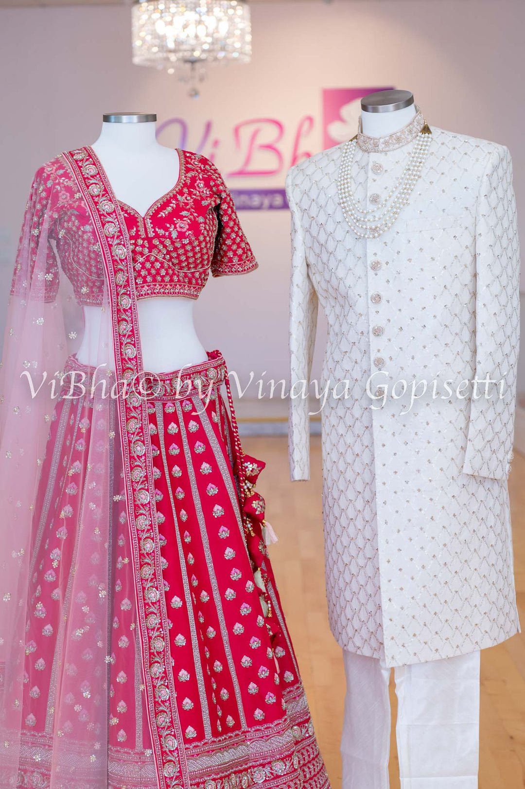 Bridal - Hand Embroidered Dark Pink Lehenga & Ivory Sherwani Set