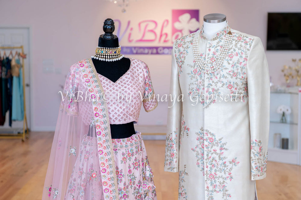 Bridal - Hand Embroidered Light Pink Lehenga And Ceramic Pearl Sherwani Set.