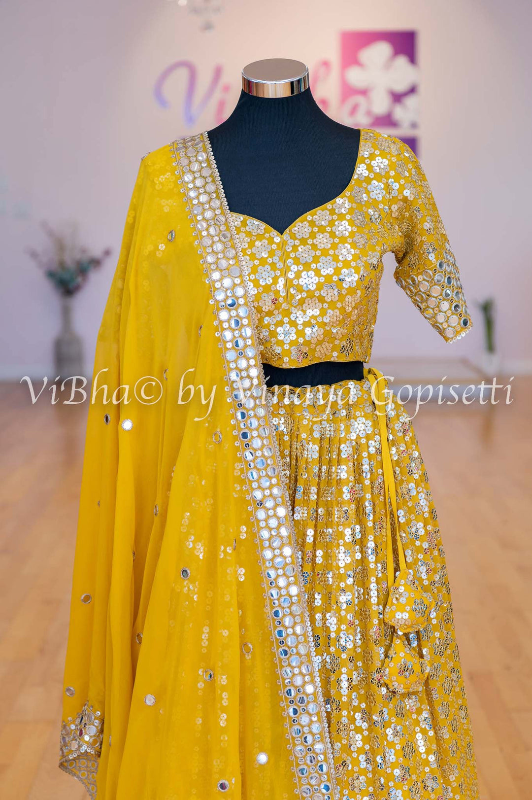 Bridal Lehengas - Amber Yellow Sequins And Faux Mirror Embroidered Lehenga Set
