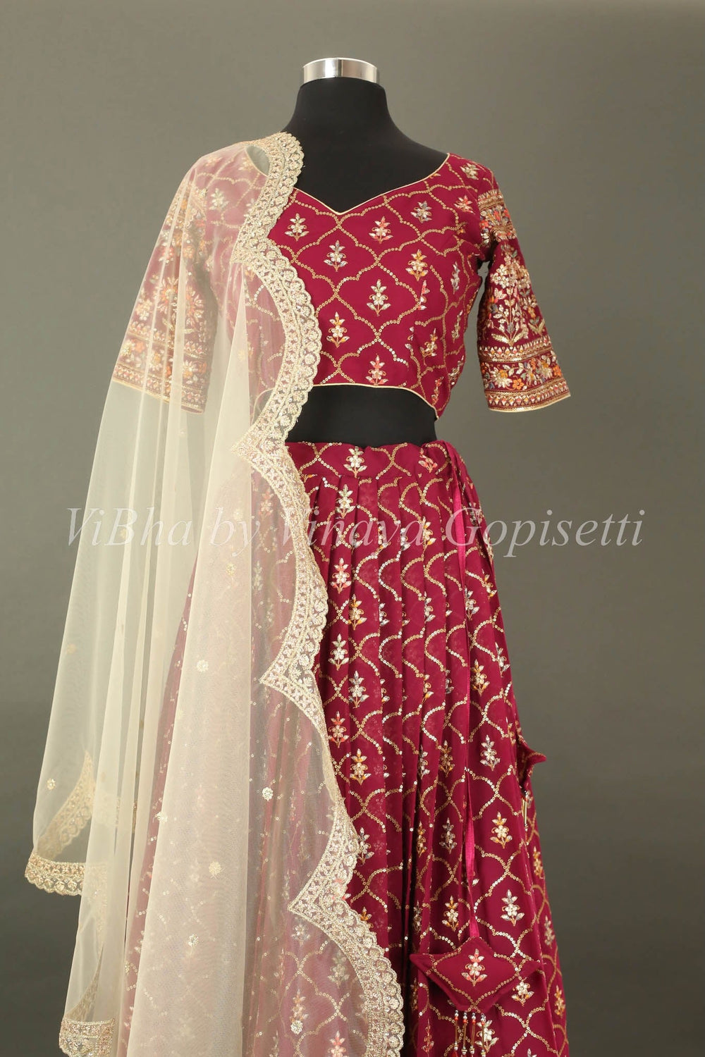 Bridal Lehengas - Antique Ruby And Gold All Over Embroidered Lehenga Set