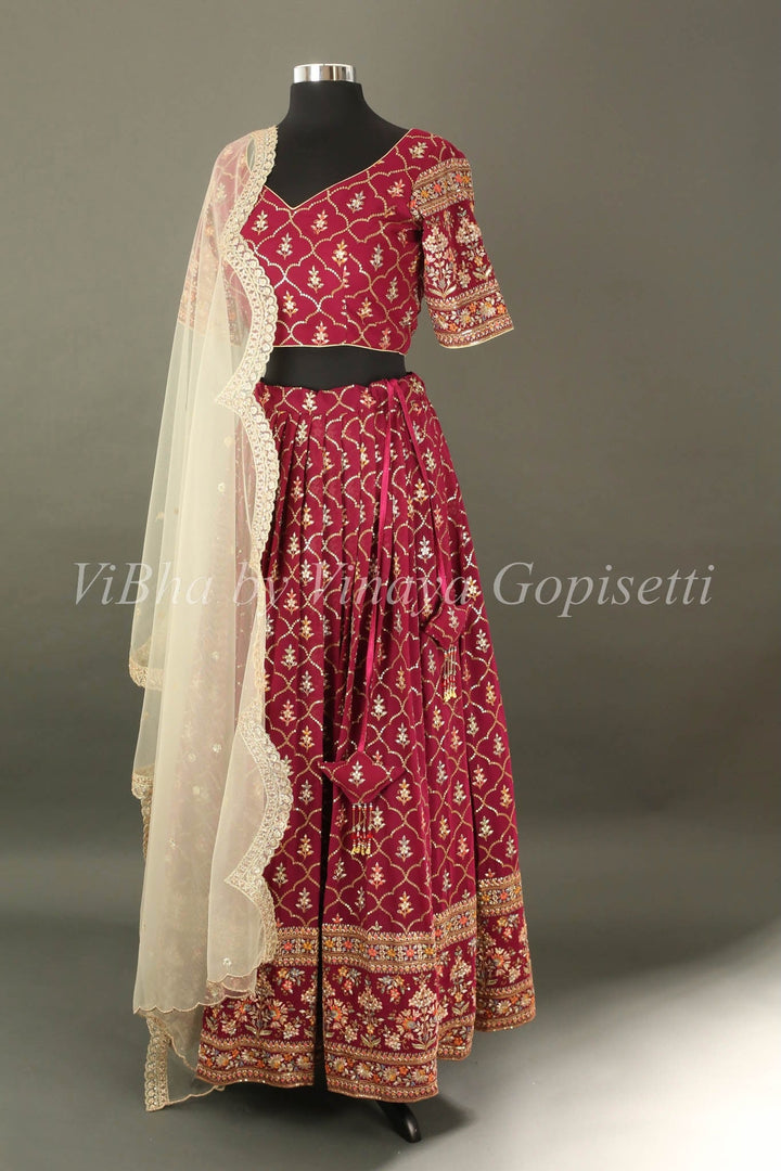 Bridal Lehengas - Antique Ruby And Gold All Over Embroidered Lehenga Set