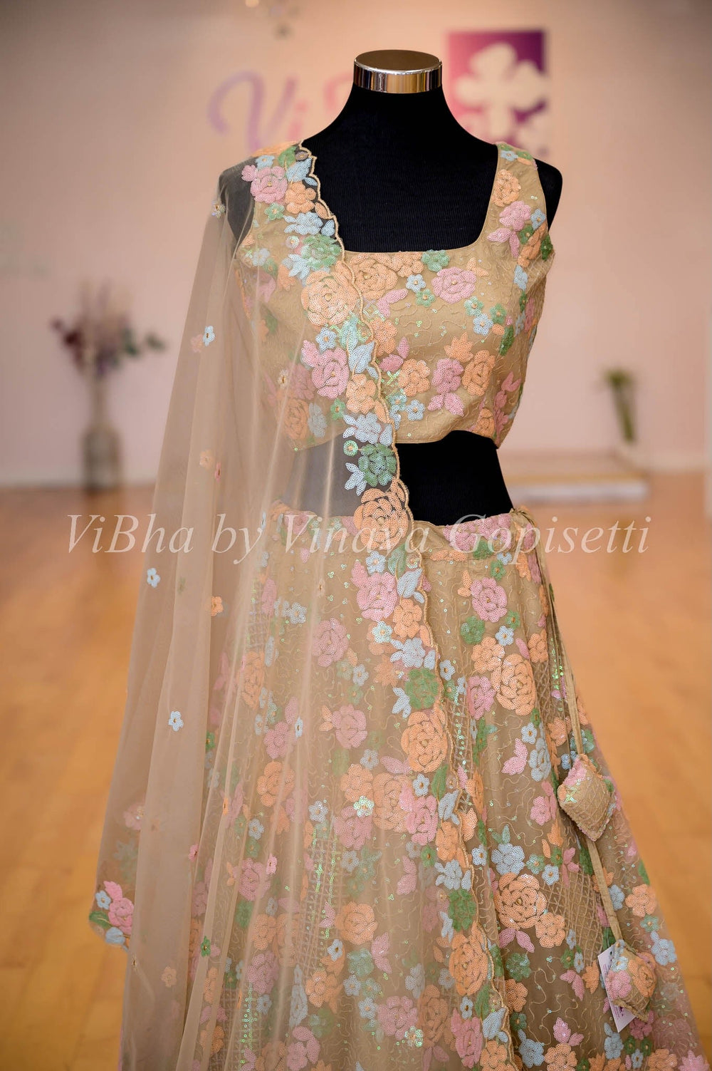 Bridal Lehengas - Beige Multi Color Sequin Embroidered Lehenga Set