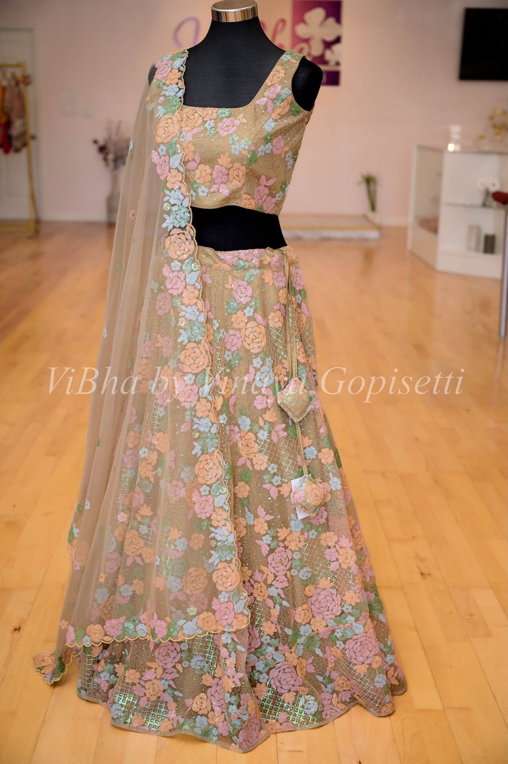 Bridal Lehengas - Beige Multi Color Sequin Embroidered Lehenga Set