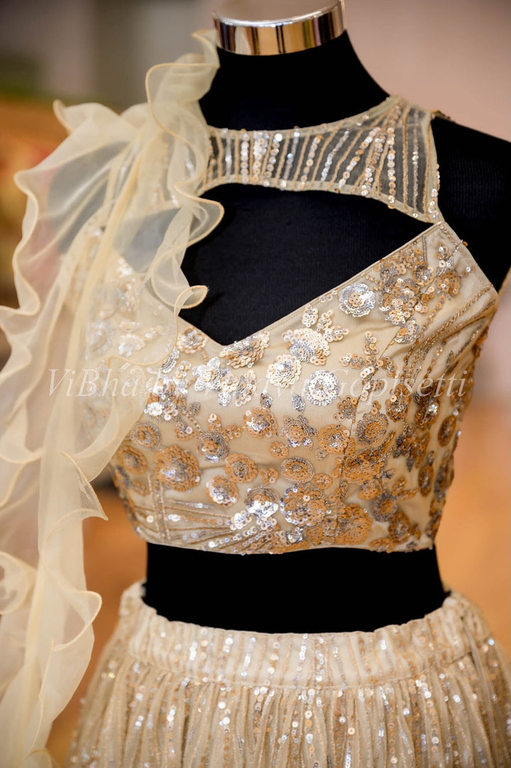 Bridal Lehengas - Champagne Gold Sequins And Cut Dana Embroidered Lehenga Set With Keyhole Neck Blouse