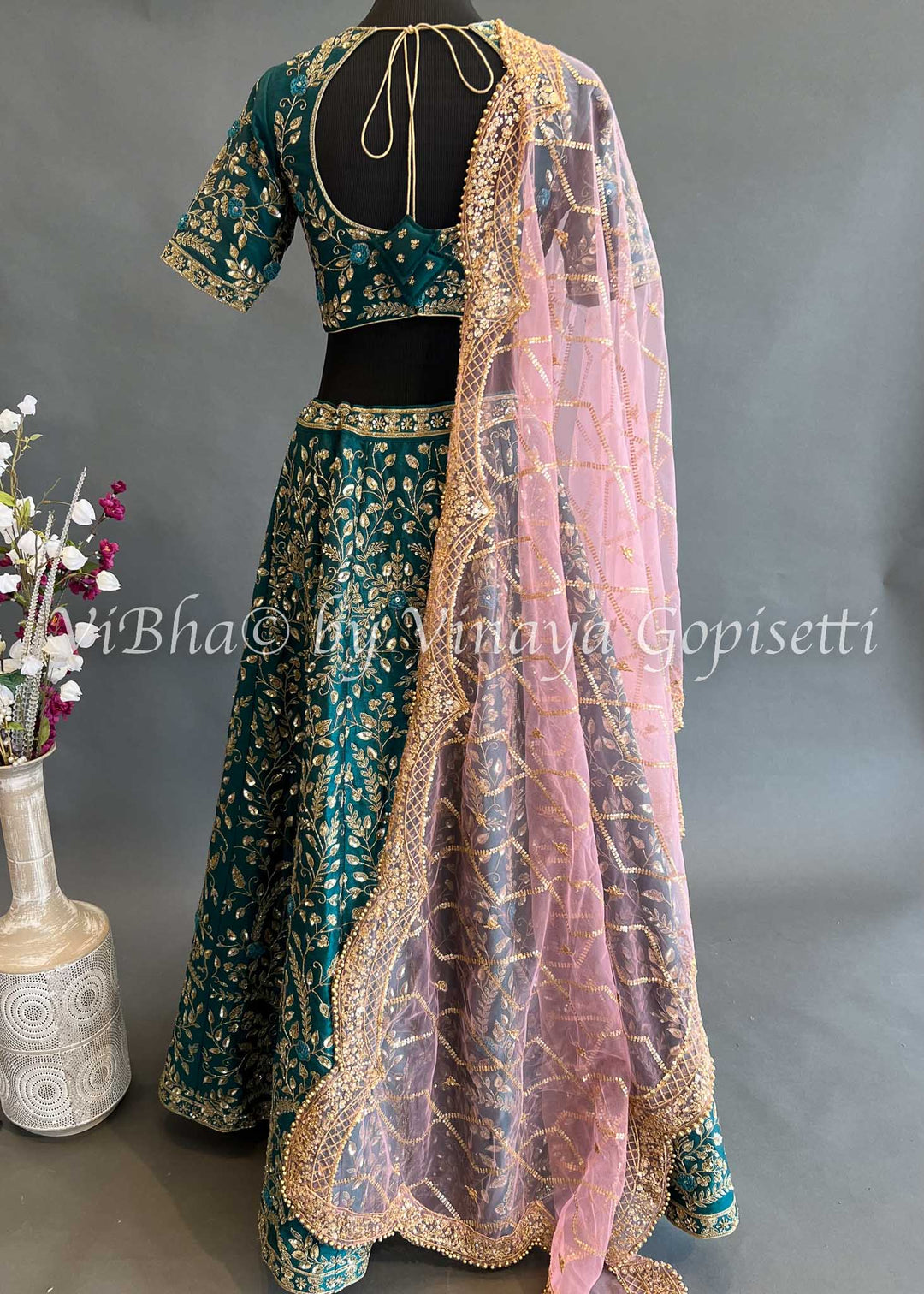 Bridal Lehengas - Deep Teal Lehenga Set With All Over Zari And Gotapatti Embroidery With Contrast Light Pink Embroidered Dupatta