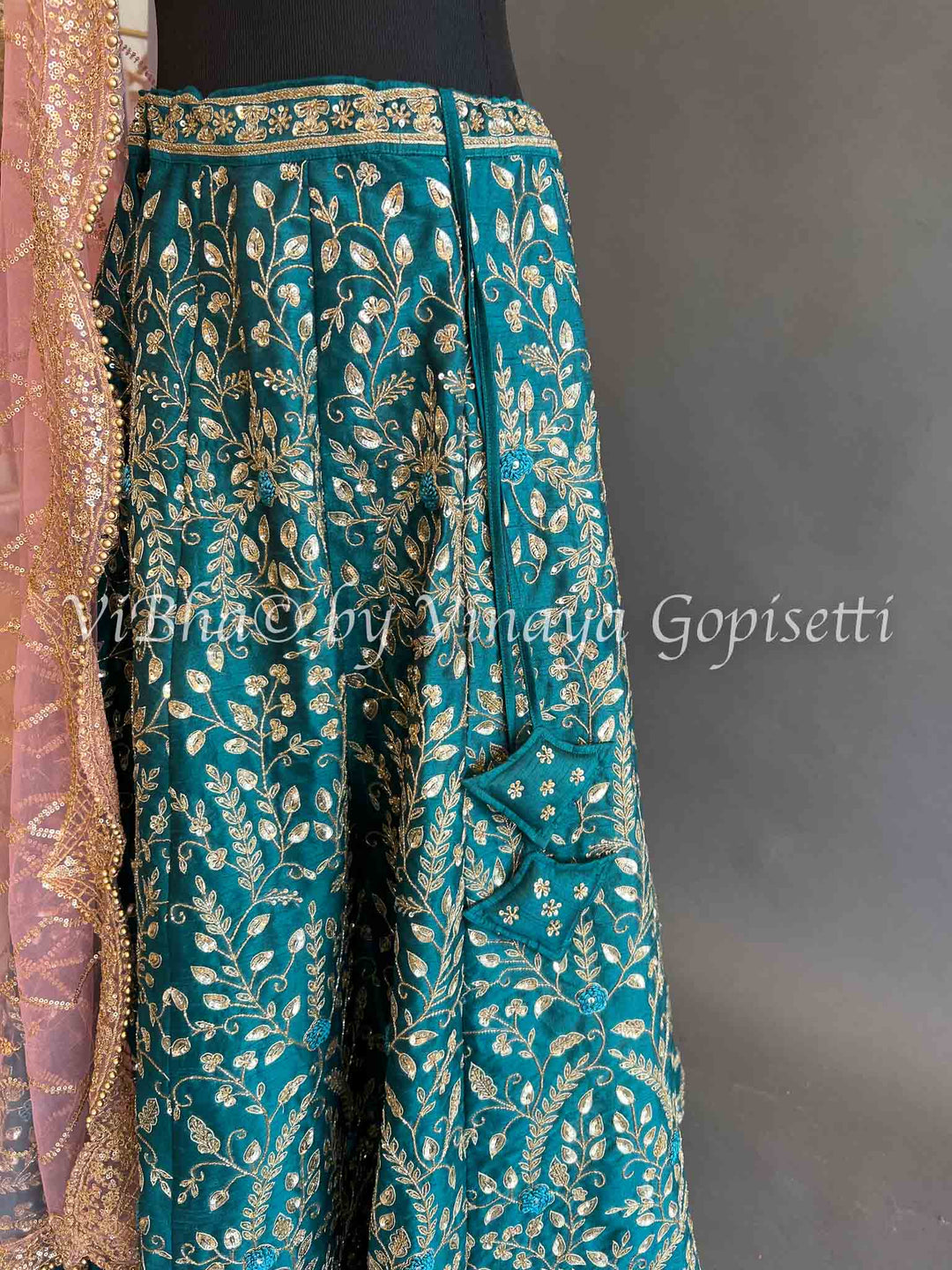 Bridal Lehengas - Deep Teal Lehenga Set With All Over Zari And Gotapatti Embroidery With Contrast Light Pink Embroidered Dupatta