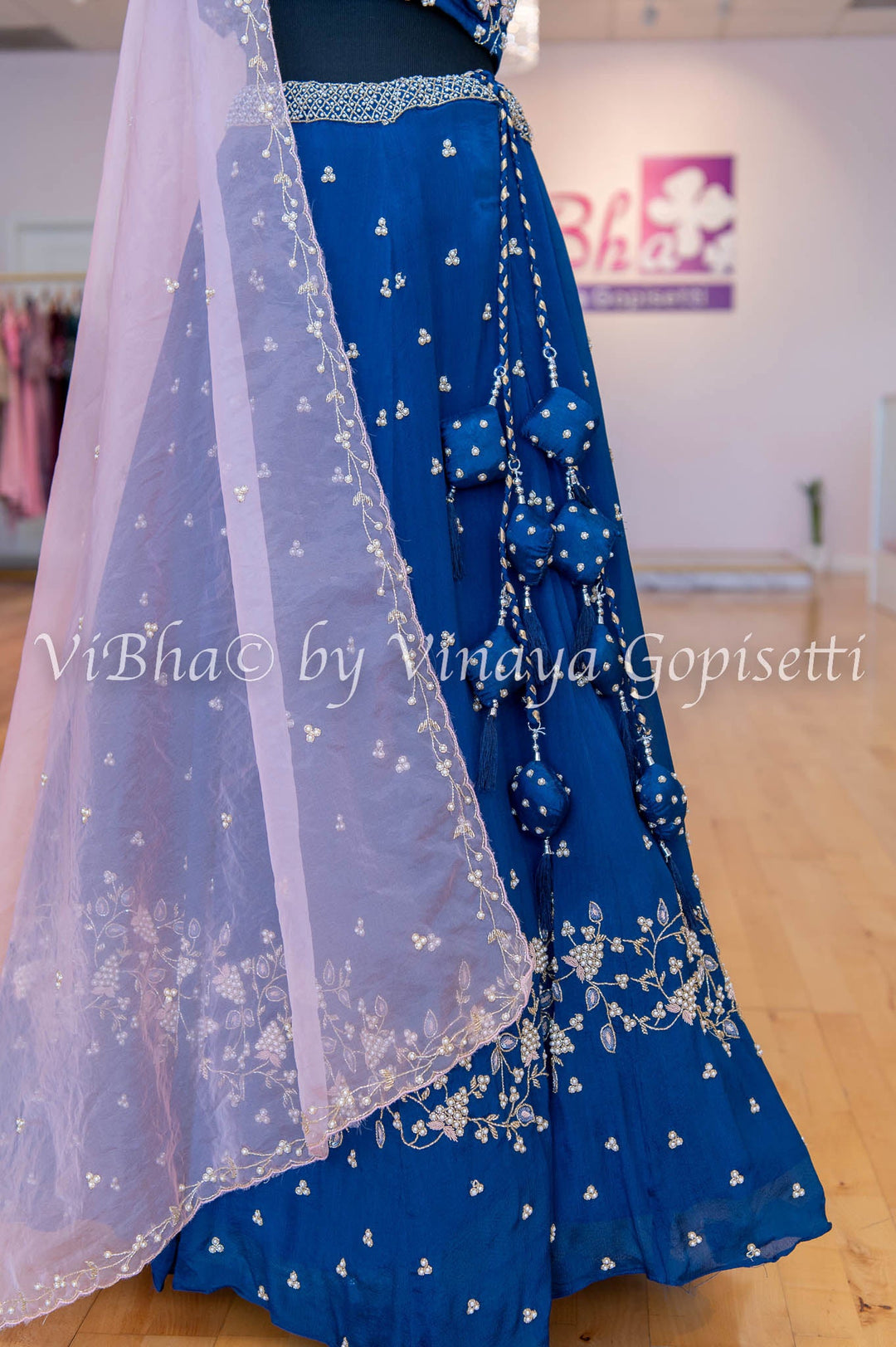 Bridal Lehengas - Ink Blue And Pastel Pink Pearl Embroidery Lehenga Set