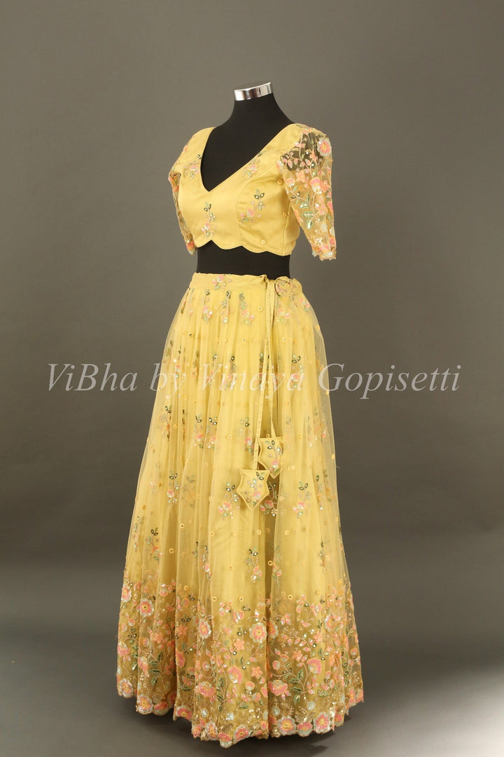 Bridal Lehengas - Macaroon Yellow Floral Embroidered Lehenga Set