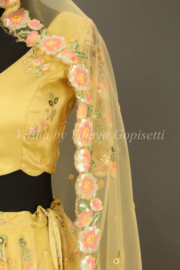 Bridal Lehengas - Macaroon Yellow Floral Embroidered Lehenga Set